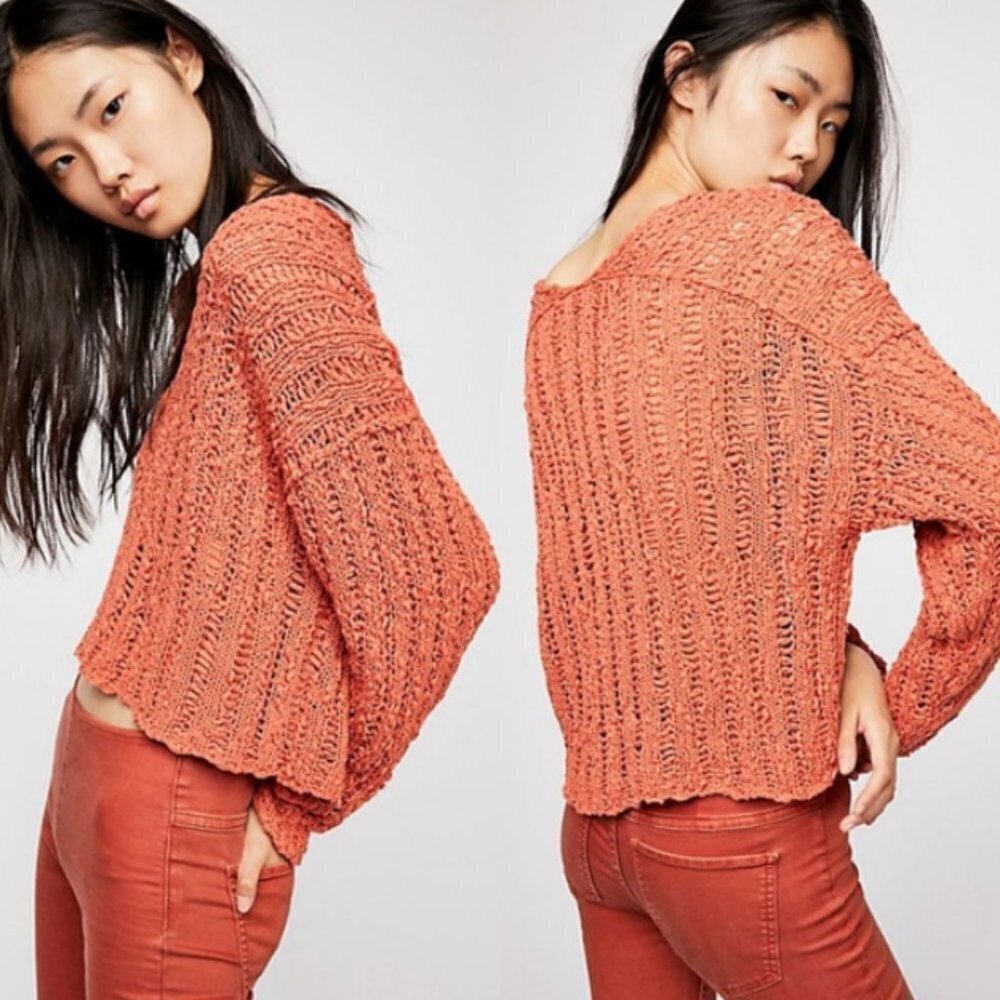 🦋 FREE PEOPLE Coral Orange Beach Comber Crop Knit Sweater Boho Small